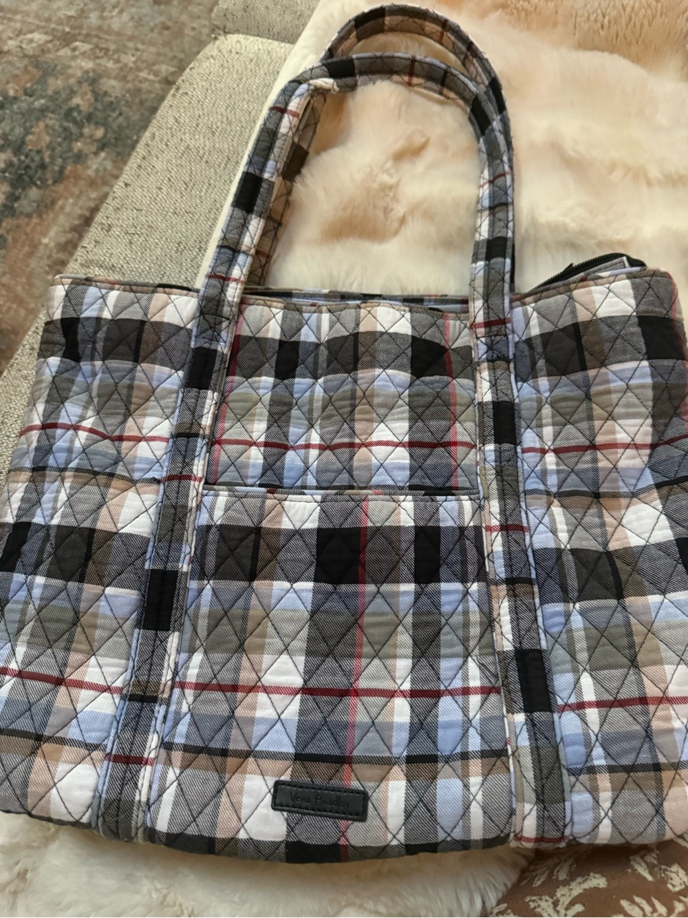 Vera Bradley Quilted Plaid Tote in Black, Gray & Light Blue with Red Accents